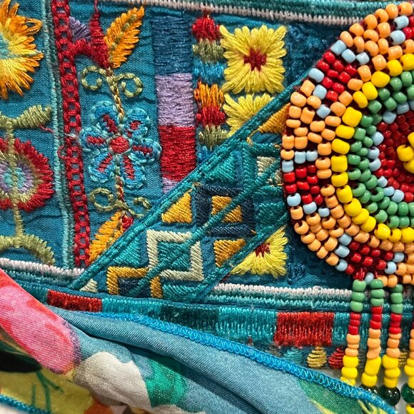 Johnny Was Beaded Obi Belt Fringe Tassels, Turquoise Blue Floral - Picture 4 of 7